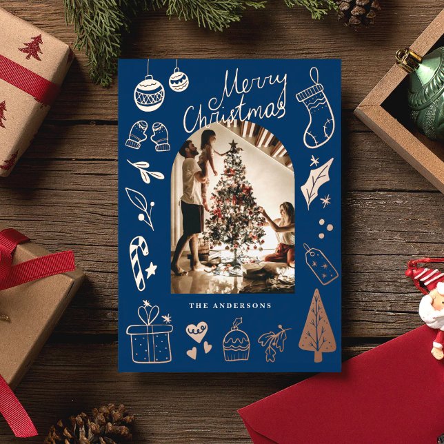 Tarjeta Festiva Con Relieve Metalizado Christmas Photo Hand Drawn Blue Holiday Foil Card (Subido por el creador)