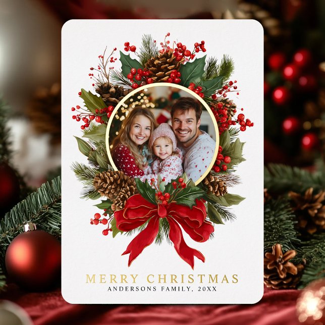 Tarjeta Festiva Con Relieve Metalizado Christmas Wreath Family Photo Foil Holiday Card (Christmas Wreath Family Photo Foil Holiday Card)