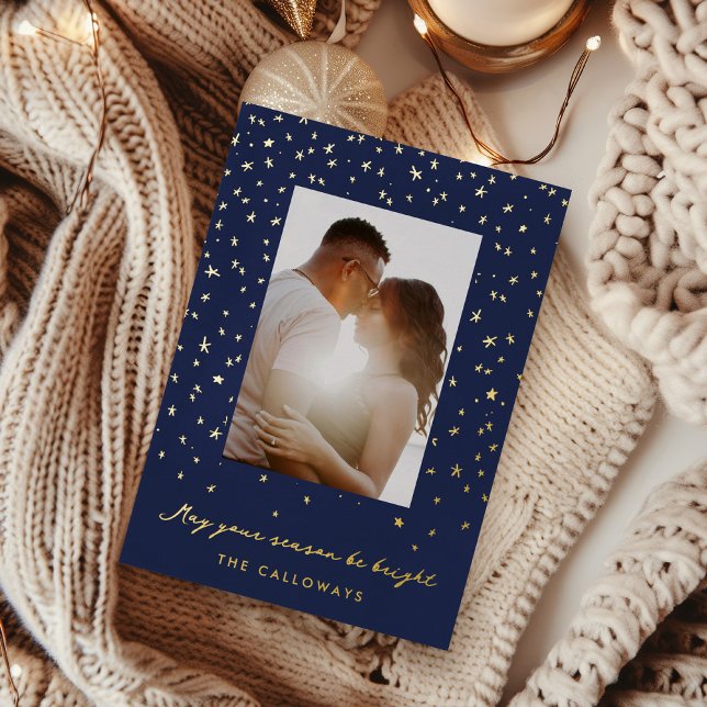 Tarjeta Festiva Con Relieve Metalizado Cielo estrellado ilustrado Foto Oro (Starlit Sky holiday photo card with hand-drawn, gold-foiled stars.)