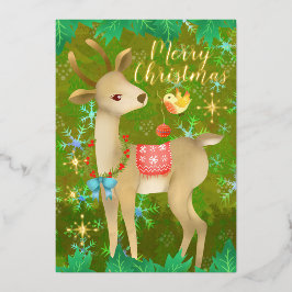 Tarjeta Festiva Con Relieve Metalizado Ciervo de Navidad con pájaro.