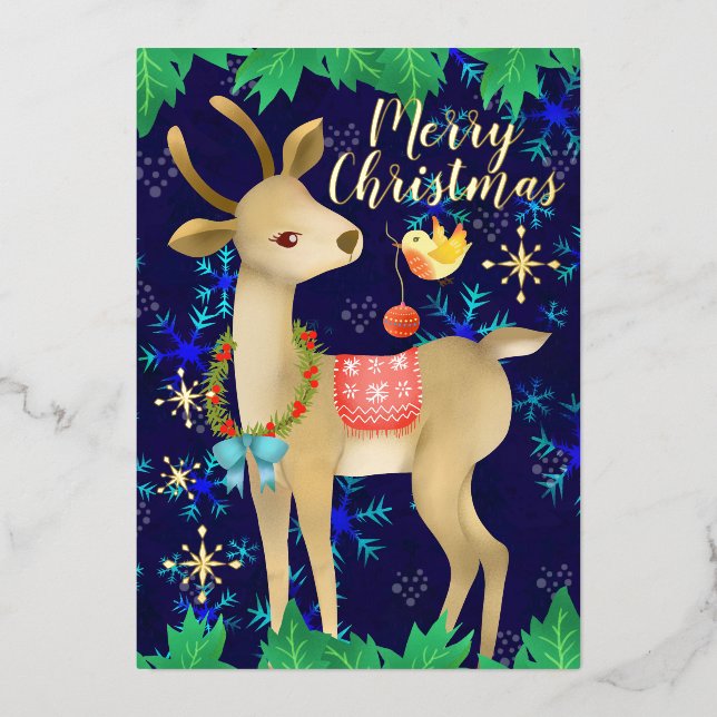 Tarjeta Festiva Con Relieve Metalizado Ciervo de Navidad con pájaro. Azul. (Anverso)