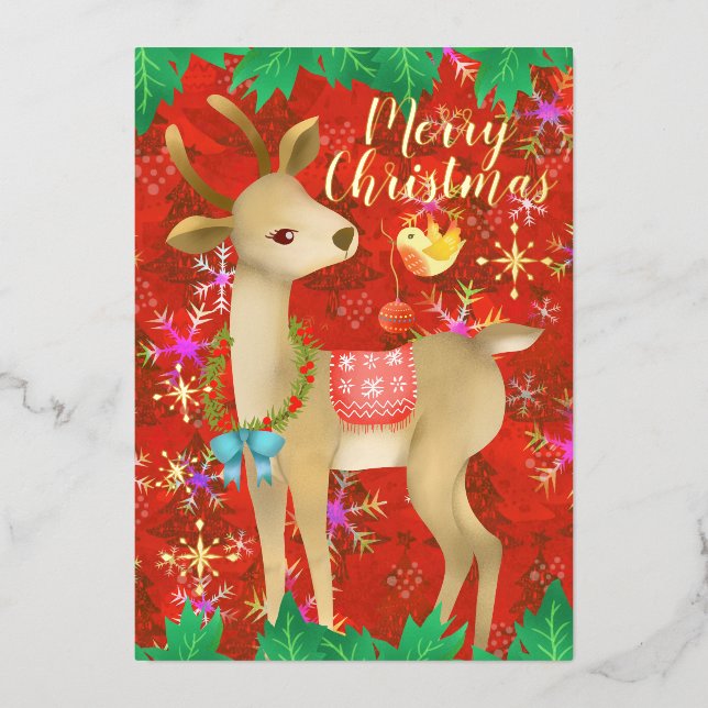 Tarjeta Festiva Con Relieve Metalizado Ciervo de Navidad con pájaro. Rojo.  (Anverso)