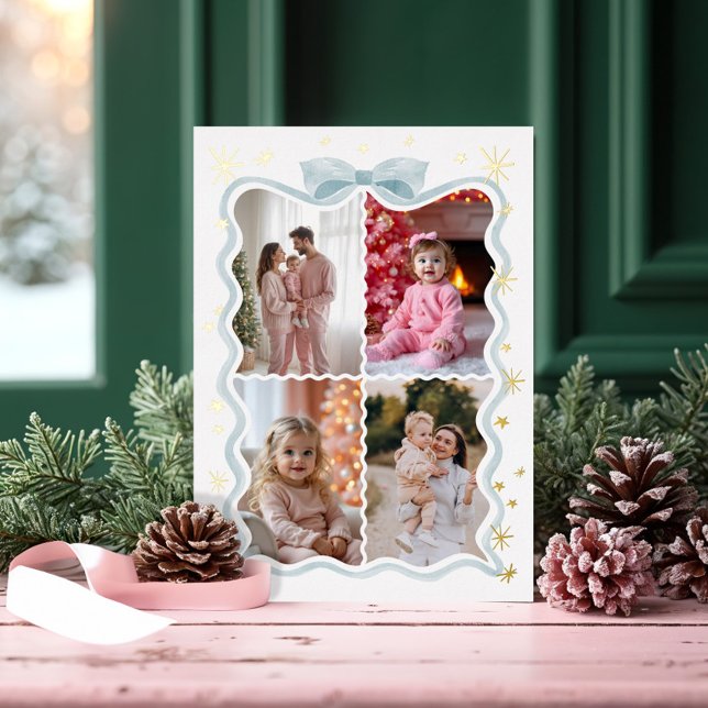 Tarjeta Festiva Con Relieve Metalizado Cinta azul ondulada retro y colección de fotos de  (Retro Wavy Blue Ribbon & Stars Photos Collage Foil Holiday Card)