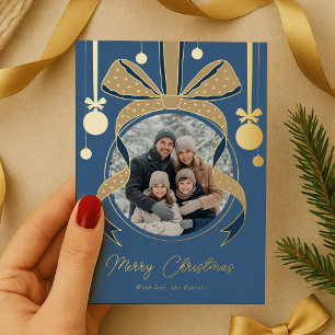 Tarjeta Festiva Con Relieve Metalizado Cinta de lazo de adorno de Navidad único Foto Azul