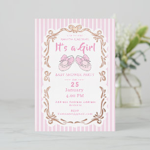 Tarjeta Festiva Con Relieve Metalizado Cinta de lazo para bebé niña Zapato Rosa Invitació