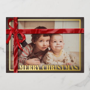 Tarjeta Festiva Con Relieve Metalizado Cinta de satén rojo foto familiar Navidad Oro