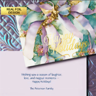 Tarjeta Festiva Con Relieve Metalizado Cinta floral de Navidad con acuarela púrpura teal