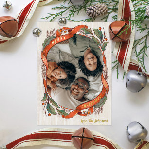 Tarjeta Festiva Con Relieve Metalizado Cintas Rojas Vintage Holly Feliz Navidad Foto