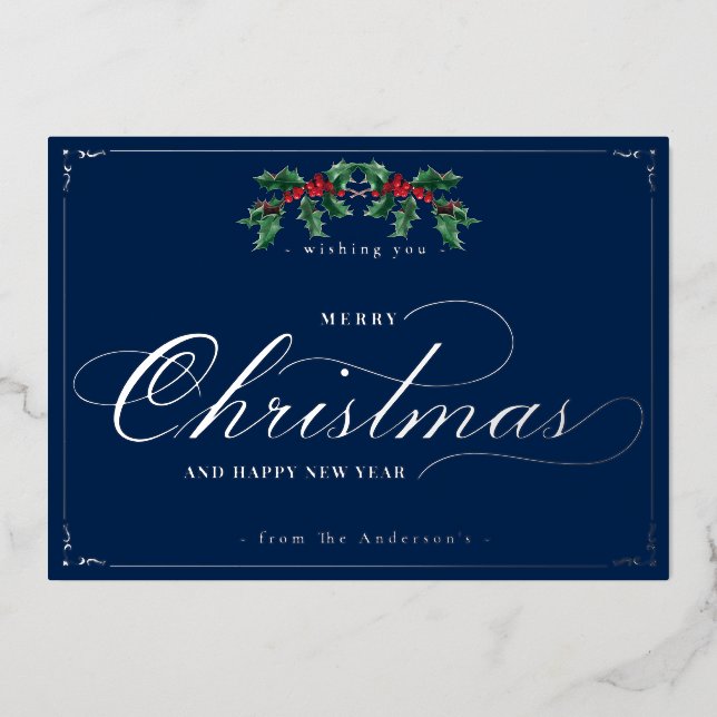Tarjeta Festiva Con Relieve Metalizado Clásica Feliz Navidad Año Nuevo Blue Silver (Anverso)
