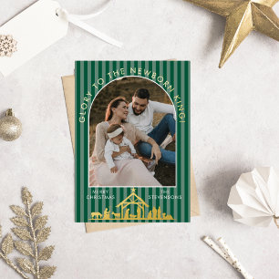 Tarjeta Festiva Con Relieve Metalizado Clásica foto cristiana del Nacimiento de Navidad