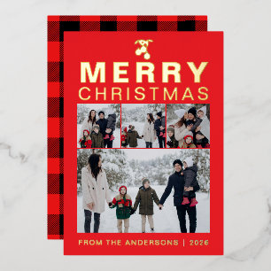 Tarjeta Festiva Con Relieve Metalizado Clásica Navidad Familiar Cuadro de Plaid de Búfalo