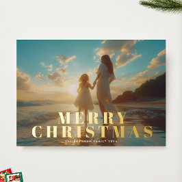 Tarjeta Festiva Con Relieve Metalizado Clásica negrita Tipografía de oro Foto Feliz Navid