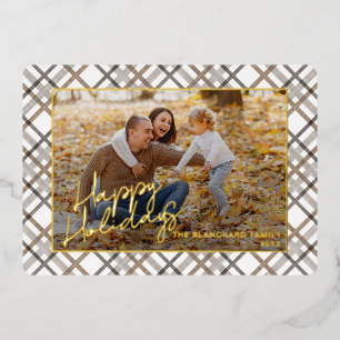 Tarjeta Festiva Con Relieve Metalizado Clásica Plaid Moderna Marrón Beige Taupe Dorado