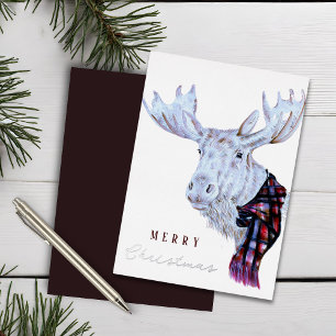 Tarjeta Festiva Con Relieve Metalizado Clásica Watercolor Moose Feliz Navidad