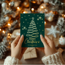 Tarjeta Festiva Con Relieve Metalizado Clásico árbol de cinta dorada verde oscuro de Navi
