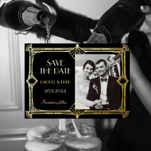 Tarjeta Festiva Con Relieve Metalizado Clásico Art Deco Elegante Oro Negro de los años 20