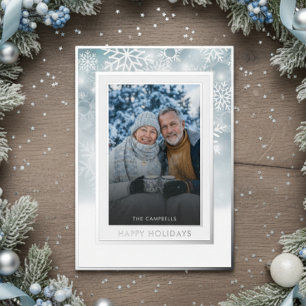 Tarjeta Festiva Con Relieve Metalizado Clásico Blue White Snowflake Happy Holidays