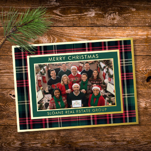Tarjeta Festiva Con Relieve Metalizado Clásico Cuadro Escocés Rojo Verde Feliz Navidad Fo