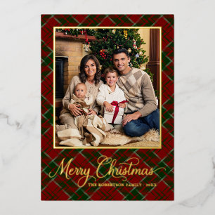 Tarjeta Festiva Con Relieve Metalizado Clásico Cuadro Rojo Feliz Navidad Foto Oro