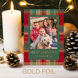 Tarjeta Festiva Con Relieve Metalizado Clásico de cuadros Feliz Navidad 1 foto verde dora