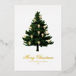 Tarjeta Festiva Con Relieve Metalizado Clásico elegante árbol de Navidad y luces oro