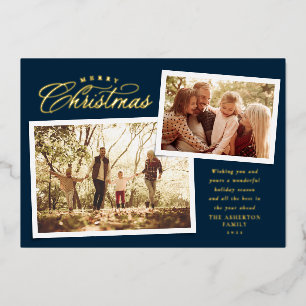 Tarjeta Festiva Con Relieve Metalizado Clásico Feliz Navidad dos fotos elegante azul mari
