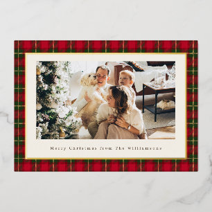 Tarjeta Festiva Con Relieve Metalizado Clásico Foto Horizontal de Cuadros Rojos de Navida
