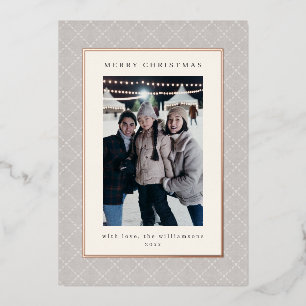 Tarjeta Festiva Con Relieve Metalizado Clásico Gris Refinado Navidad Foto Rosa Dorado