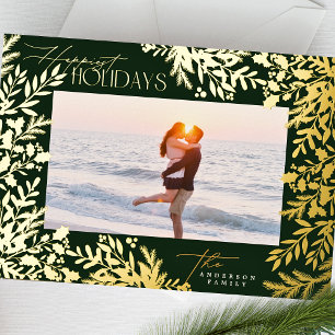 Tarjeta Festiva Con Relieve Metalizado Clásico Marco de 1 Foto Botánico Navidad Dorado