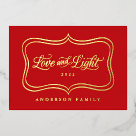 Tarjeta Festiva Con Relieve Metalizado Clásico Marco de Oro de Amor y Luz en Holograma