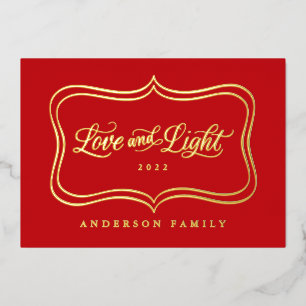 Tarjeta Festiva Con Relieve Metalizado Clásico Marco de Oro de Amor y Luz en Holograma