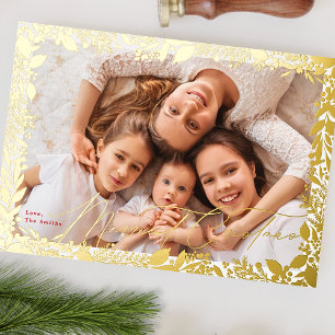 Tarjeta Festiva Con Relieve Metalizado clásico marco de oro Merriest Christmas One Photo