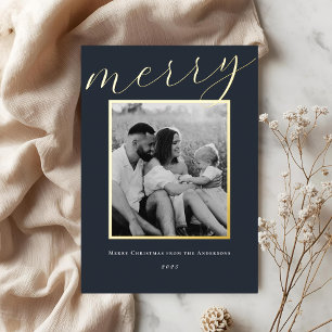 Tarjeta Festiva Con Relieve Metalizado Clásico marco de oro y navy oscuro foto de familia