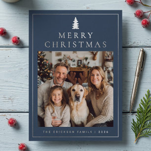Tarjeta Festiva Con Relieve Metalizado Clásico Minimalista Feliz Navidad Foto - Azul Mari