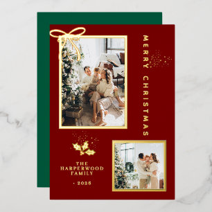 Tarjeta Festiva Con Relieve Metalizado Clásico Plaid Búfalo Familia 2 Fotos Navidad
