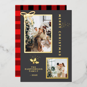 Tarjeta Festiva Con Relieve Metalizado Clásico Plaid Búfalo Familia 2 Fotos Navidad