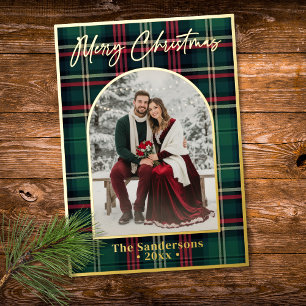 Tarjeta Festiva Con Relieve Metalizado Clásico Plaid Merry Christmas Script Arco Foto