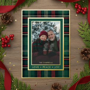 Tarjeta Festiva Con Relieve Metalizado Clásico Red Green Plaid Love Peace Joy Photo
