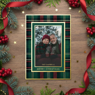 Tarjeta Festiva Con Relieve Metalizado Clásico Red Green Plaid Merry Christmas Photo
