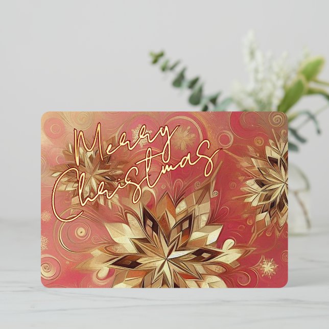 Tarjeta Festiva Con Relieve Metalizado Clásico Red Pink Resumen Snowflake Flor Art Gold (Anverso de pie)
