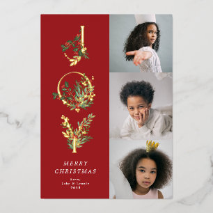 Tarjeta Festiva Con Relieve Metalizado Clásico Rojo Botánico de Navidad Colaje de Foto AL