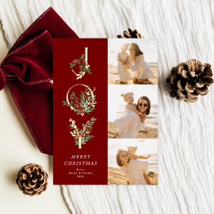 Tarjeta Festiva Con Relieve Metalizado Clásico Rojo Botánico JOY Collage Foto Navidad