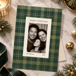 Tarjeta Festiva Con Relieve Metalizado Clásico Tartán Verde Cuadros Navidad Foto Familiar