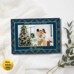 Tarjeta Festiva Con Relieve Metalizado Clásico Vintage Azul Cuadros Foto Navidad Dorado