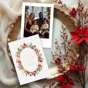 Tarjeta Festiva Con Relieve Metalizado Classic Botanical Oval Frame Traditional Christmas