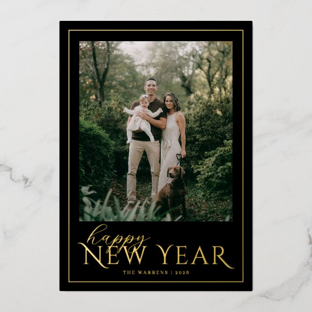 Tarjeta Festiva Con Relieve Metalizado Classic Frame New Year Photo (Anverso)