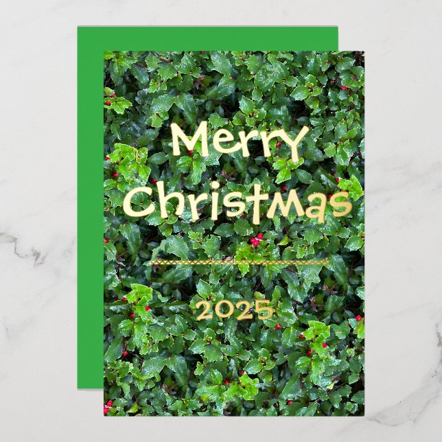 Tarjeta Festiva Con Relieve Metalizado Classic Holly Berry Greenery Red Berries Card (Anverso/Reverso)