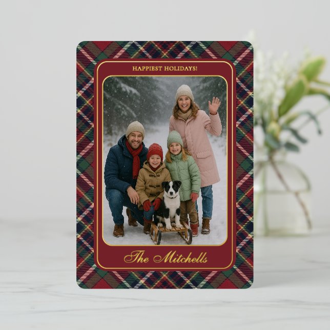 Tarjeta Festiva Con Relieve Metalizado Classic Red Dark Blue Green Plaid Pattern Gold (Anverso de pie)