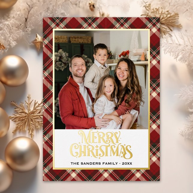 Tarjeta Festiva Con Relieve Metalizado "Classic Red Tartan Christmas Card with Gold Foil  (Subido por el creador)