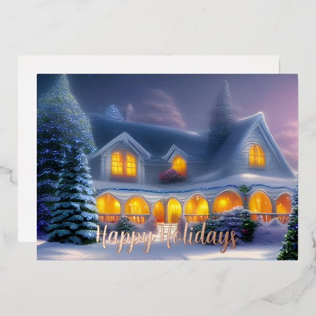 Tarjeta Festiva Con Relieve Metalizado Classic Winter Home Happy Holidays (Anverso/Reverso)